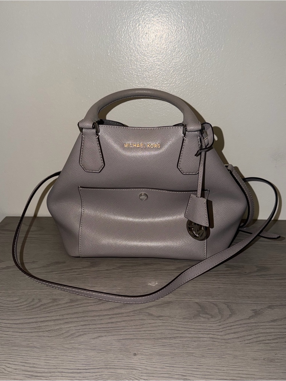 Michael Kors Gray Saffiano Satchel Crossbody Bag MK Charm